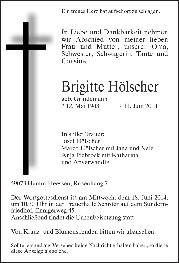  Traueranzeige für Brigitte Hölscher vom 13.06.2014 aus MZV