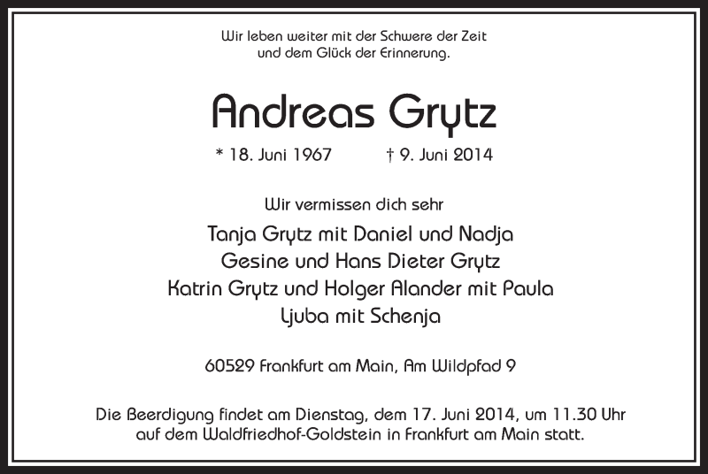  Traueranzeige für Andreas Grytz vom 13.06.2014 aus MZV