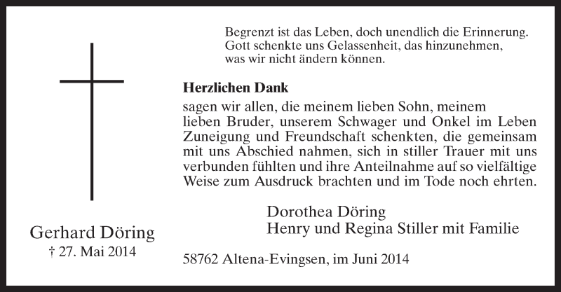  Traueranzeige für Gerhard Döring vom 21.06.2014 aus MZV