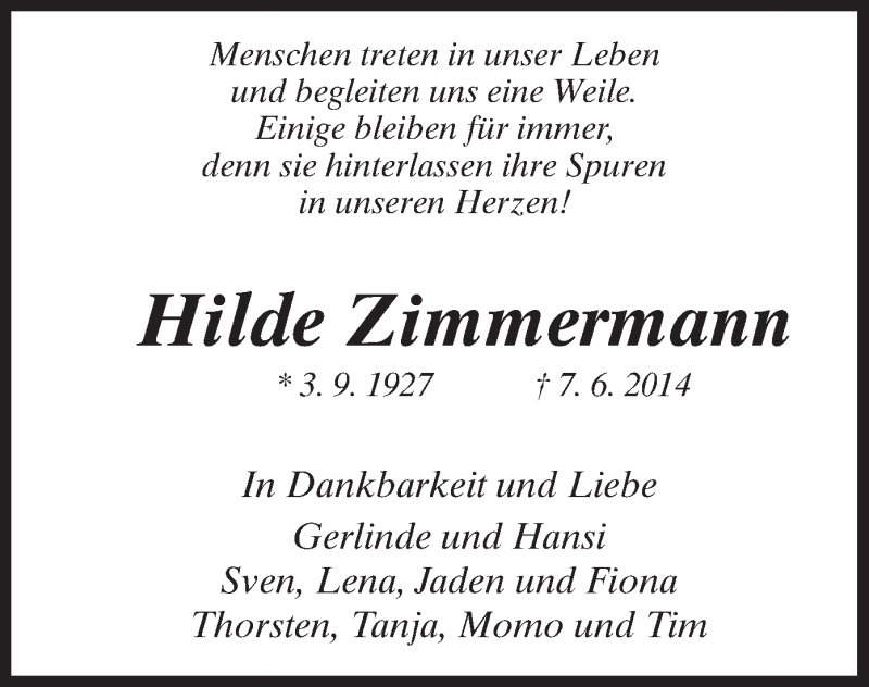  Traueranzeige für Hilde Zimmermann vom 18.06.2014 aus MZV