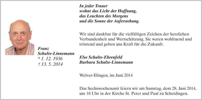  Traueranzeige für Franz Schulte-Linnemann vom 24.06.2014 aus MZV