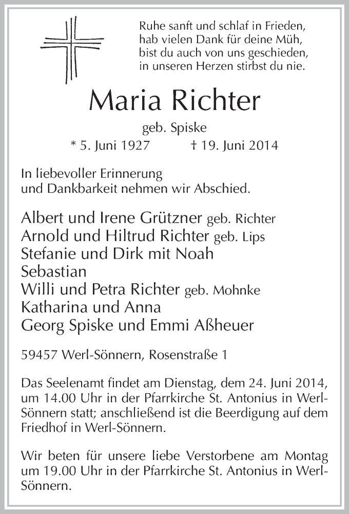  Traueranzeige für Maria Richter vom 21.06.2014 aus MZV