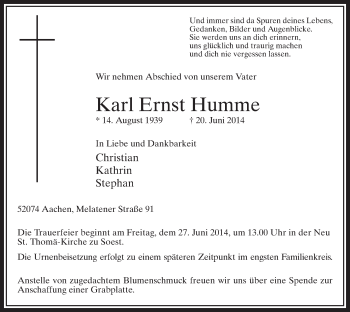 Traueranzeige von Karl Ernst Humme von MZV