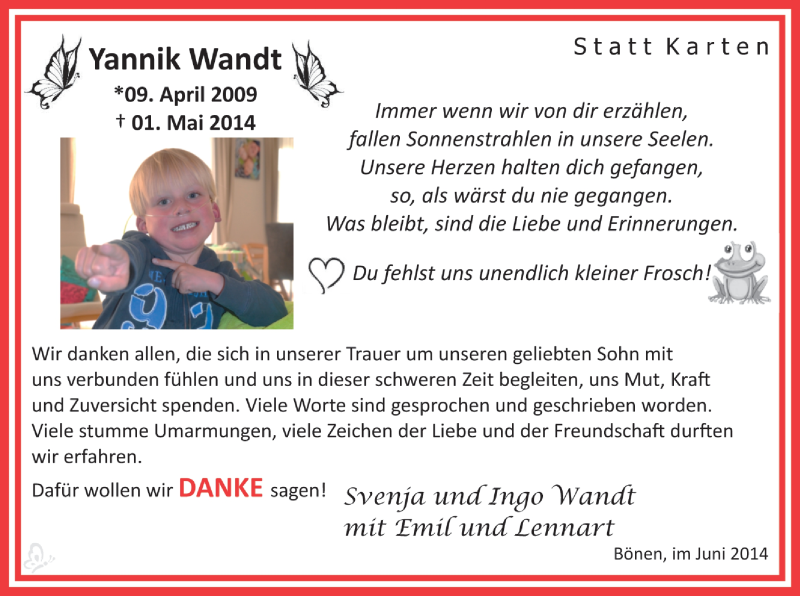  Traueranzeige für Yannik Wandt vom 28.06.2014 aus MZV