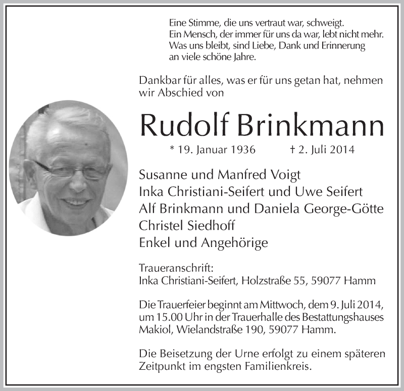  Traueranzeige für Rudolf Brinkmann vom 05.07.2014 aus MZV