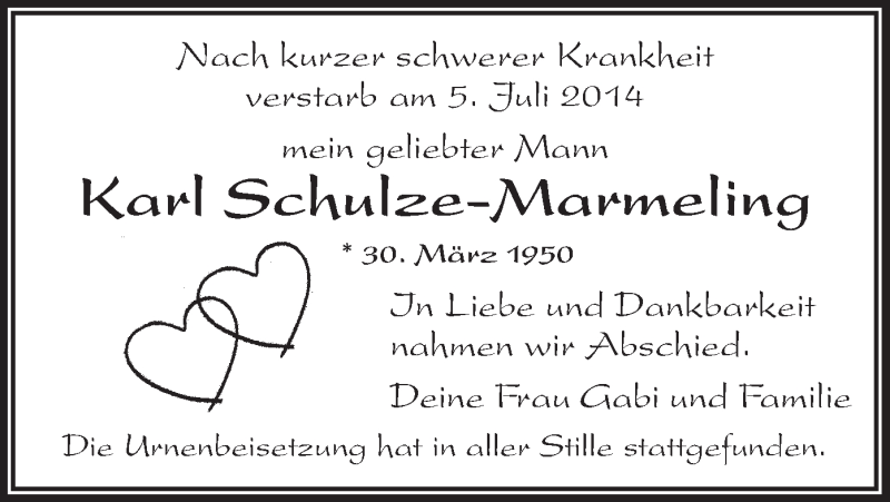  Traueranzeige für Karl Schulze-Marmeling vom 16.07.2014 aus MZV