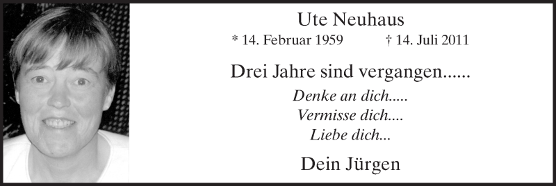  Traueranzeige für Ute Neuhaus vom 14.07.2014 aus MZV