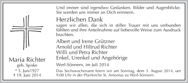  Traueranzeige für Maria Richter vom 28.07.2014 aus MZV