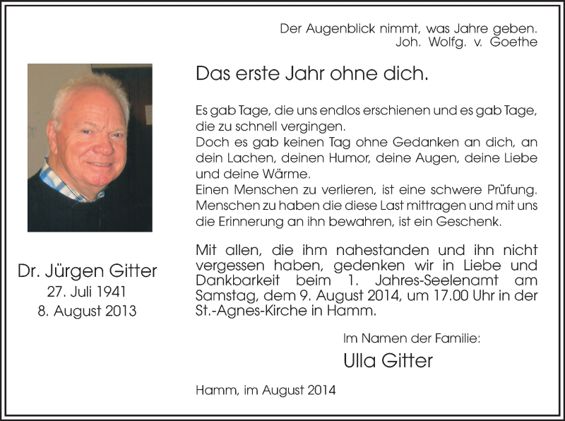  Traueranzeige für Jürgen Gitter vom 02.08.2014 aus MZV