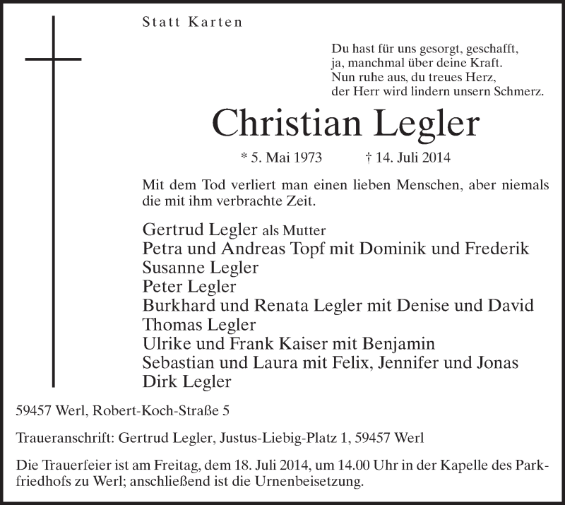  Traueranzeige für Christian Legler vom 16.07.2014 aus MZV