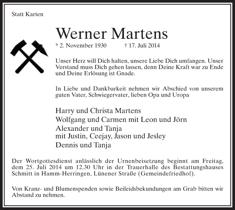  Traueranzeige für Werner Martens vom 22.07.2014 aus MZV