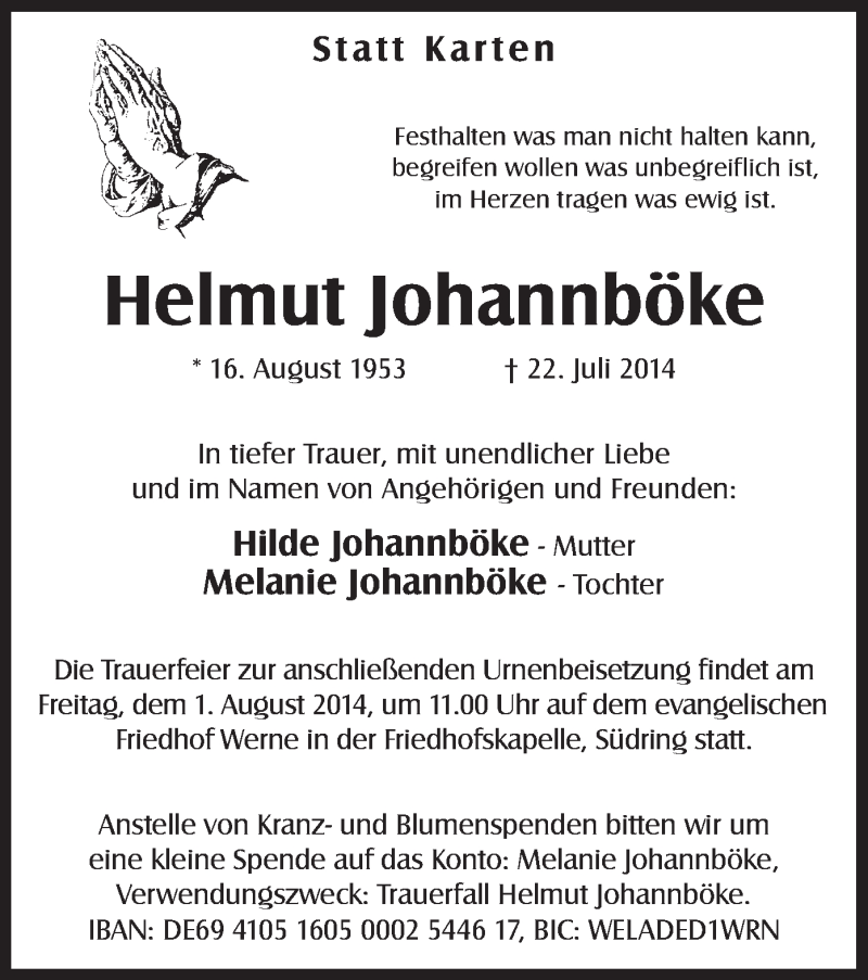  Traueranzeige für Helmut Johannböke vom 26.07.2014 aus MZV