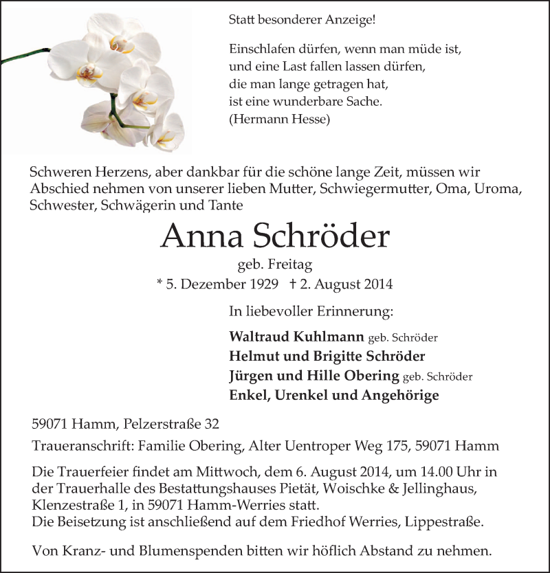  Traueranzeige für Anna Schröder vom 05.08.2014 aus MZV
