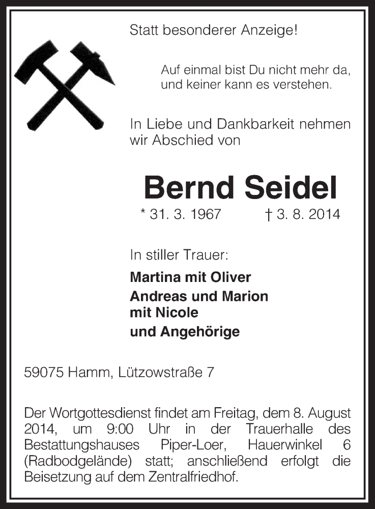  Traueranzeige für Bernd Seidel vom 05.08.2014 aus MZV