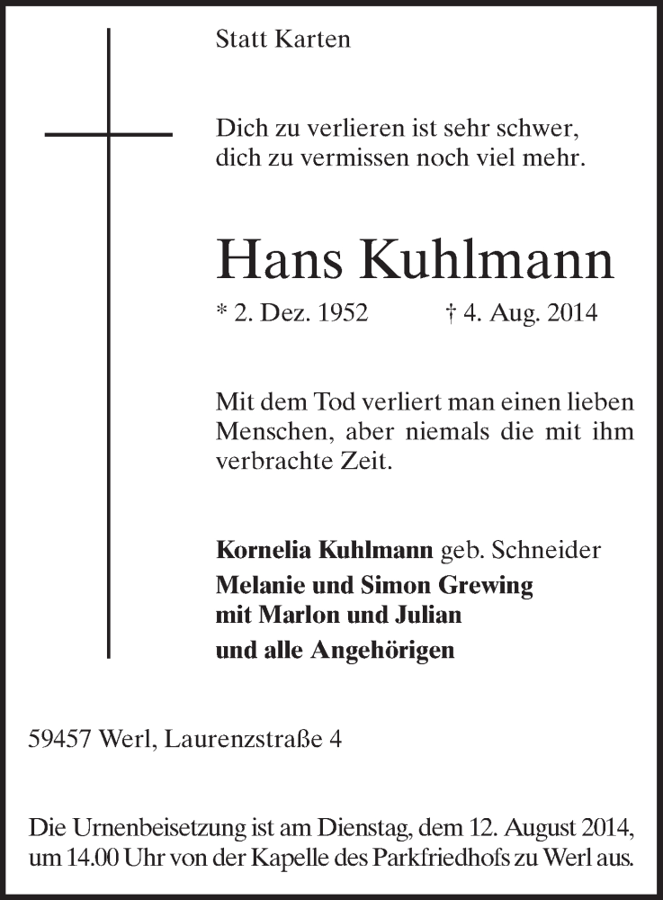  Traueranzeige für Hans Kuhlmann vom 06.08.2014 aus MZV