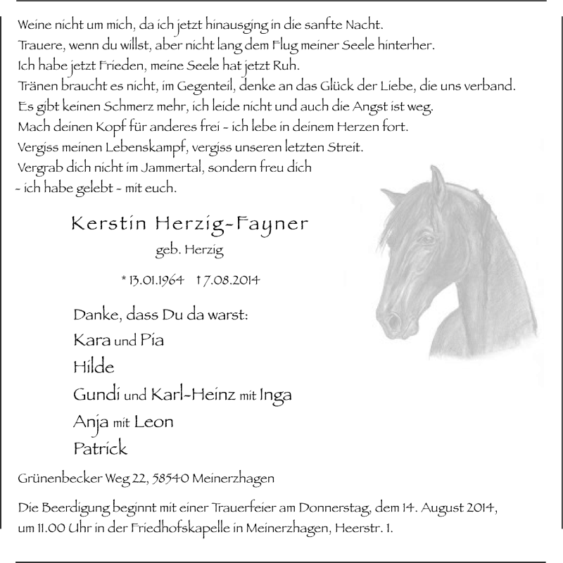  Traueranzeige für Kerstin Herzig-Fayner vom 12.08.2014 aus MZV
