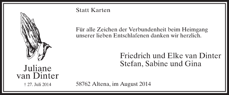  Traueranzeige für Juliane van Dinter vom 22.08.2014 aus MZV