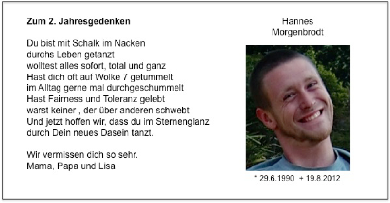  Traueranzeige für Hannes Morgenbrodt vom 19.08.2014 aus MZV