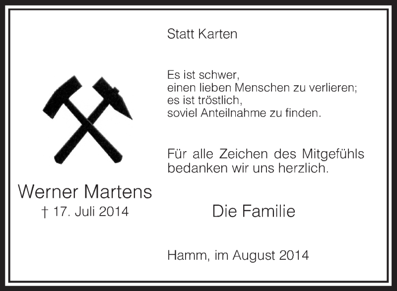  Traueranzeige für Werner Martens vom 16.08.2014 aus MZV
