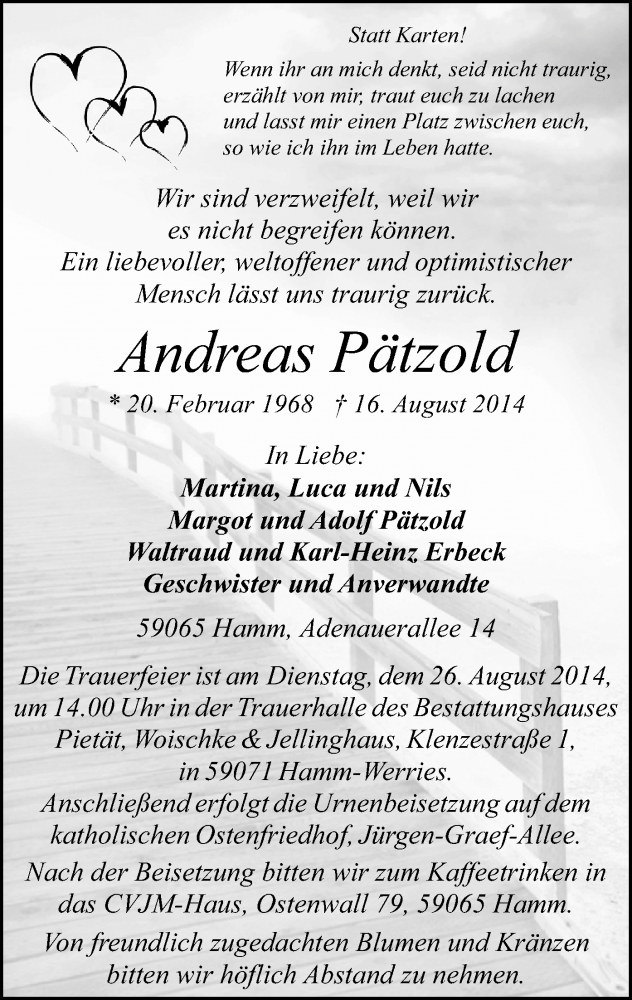  Traueranzeige für Andreas Pätzold vom 20.08.2014 aus MZV