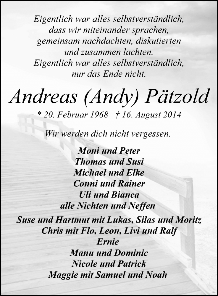  Traueranzeige für Andreas Pätzold vom 20.08.2014 aus MZV