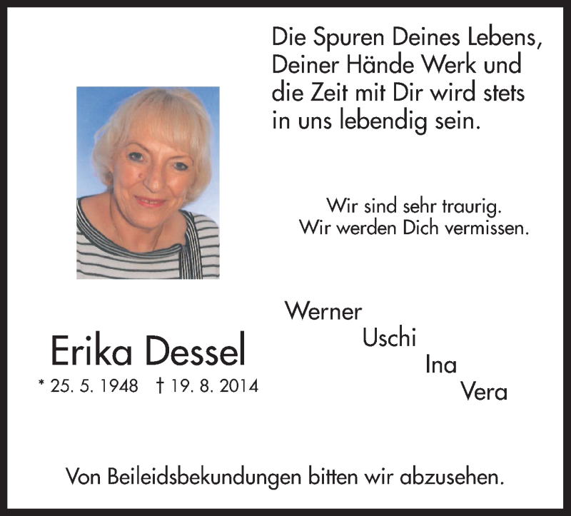  Traueranzeige für Erika Dessel vom 23.08.2014 aus MZV