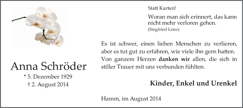  Traueranzeige für Anna Schröder vom 30.08.2014 aus MZV