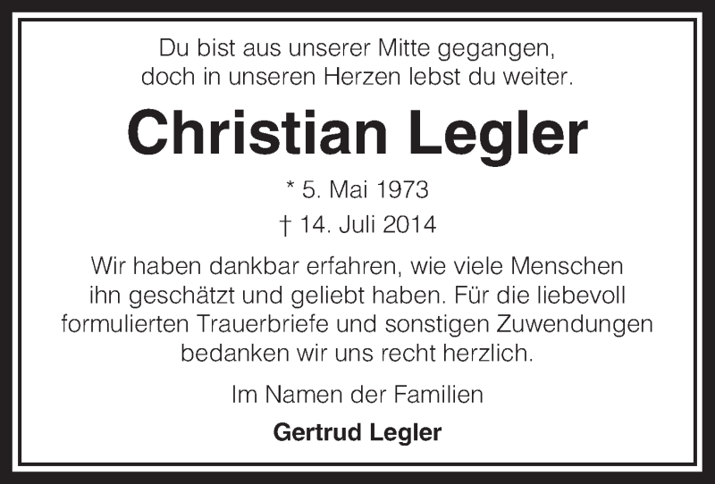  Traueranzeige für Christian Legler vom 01.09.2014 aus MZV