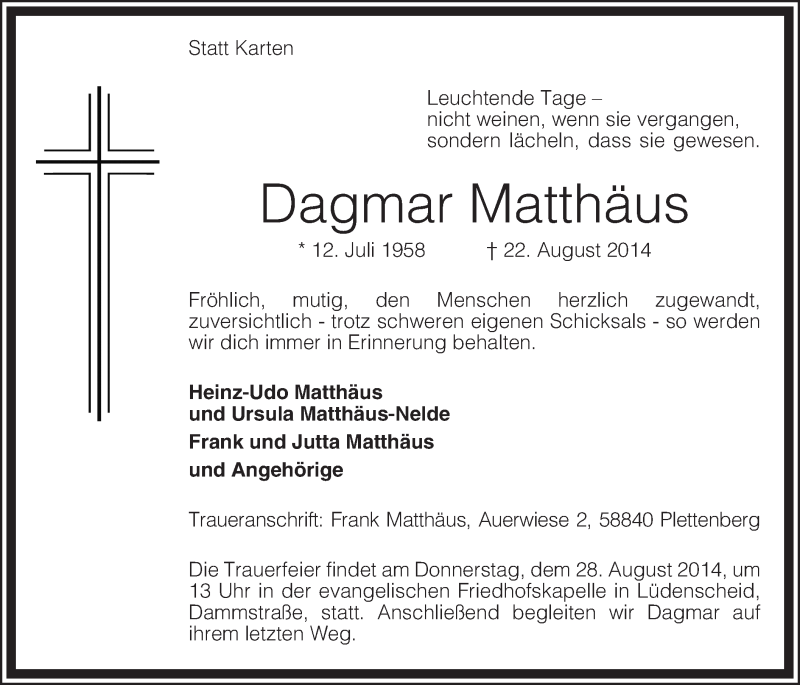  Traueranzeige für Dagmar Matthäus vom 27.08.2014 aus MZV