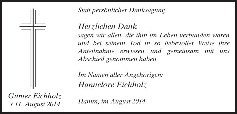  Traueranzeige für Günter  Eichholz vom 30.08.2014 aus MZV