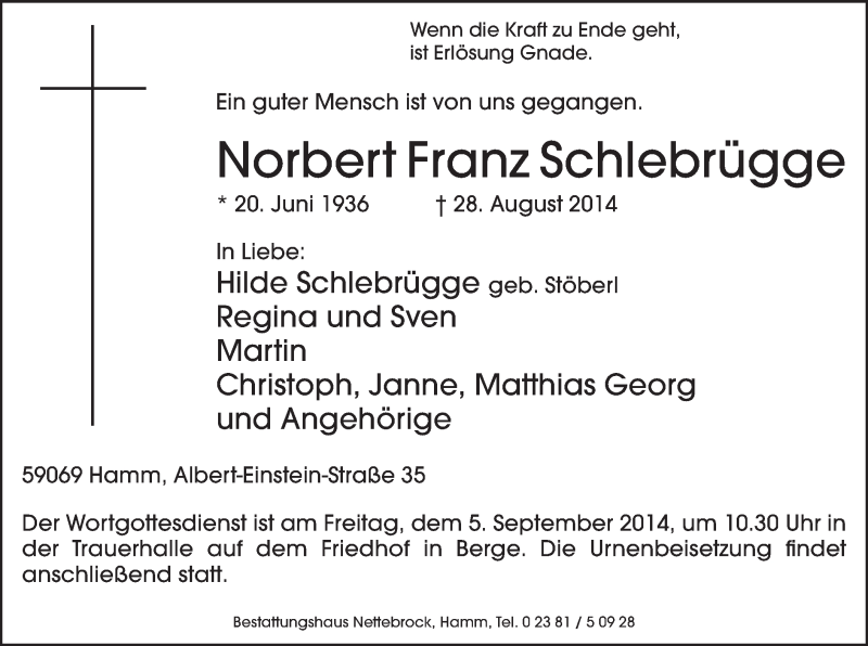  Traueranzeige für Norbert Franz Schlebrügge vom 02.09.2014 aus MZV