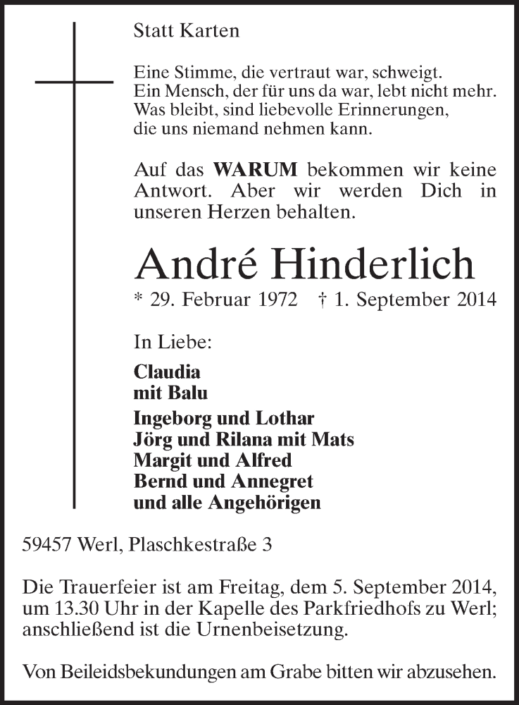  Traueranzeige für André Hinderlich vom 03.09.2014 aus MZV