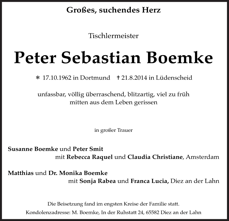  Traueranzeige für Peter Sebastian Boemke vom 06.09.2014 aus MZV