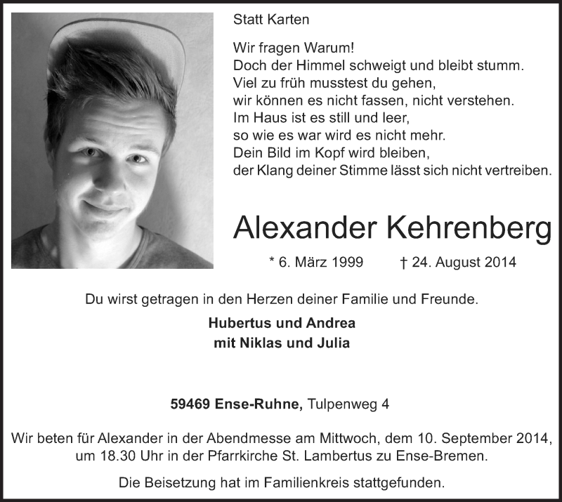  Traueranzeige für Alexander Kehrenberg vom 06.09.2014 aus MZV