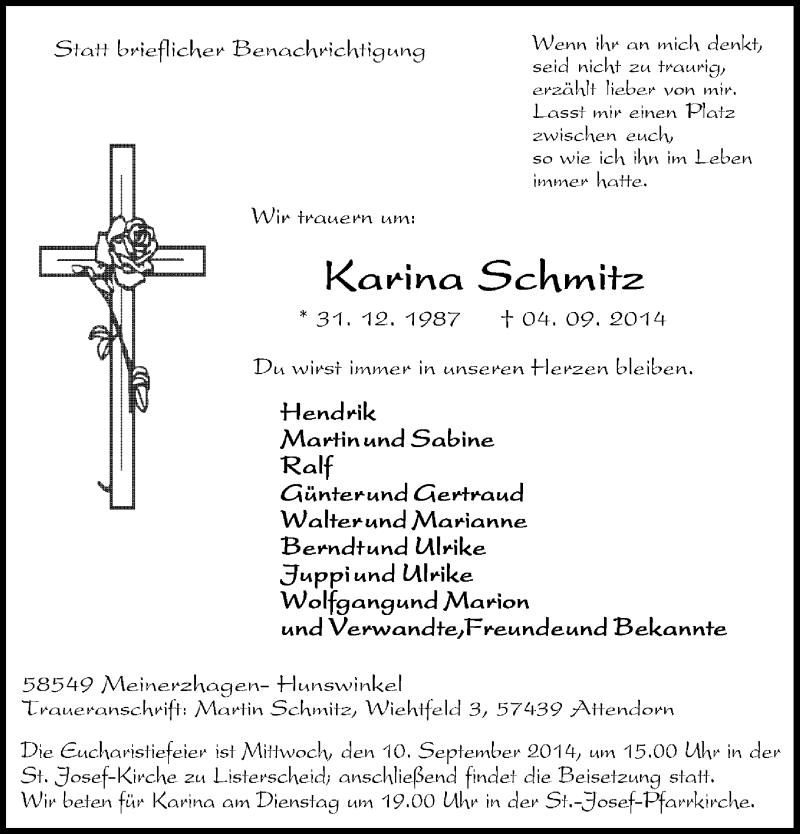  Traueranzeige für Karina Schmitz vom 06.09.2014 aus MZV