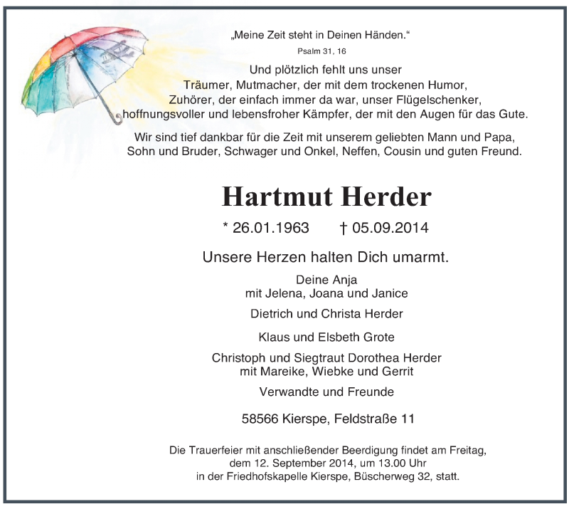  Traueranzeige für Hartmut Herder vom 09.09.2014 aus MZV