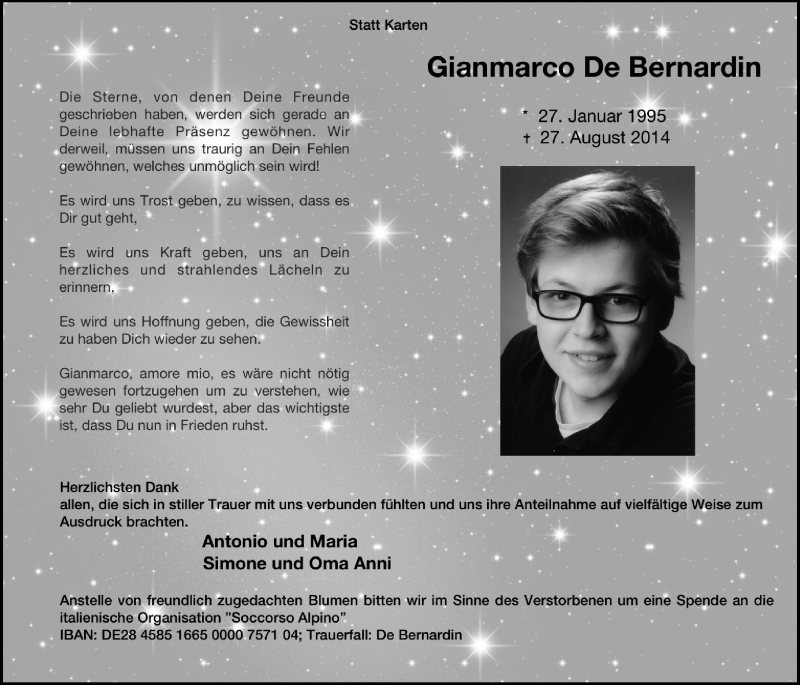 Traueranzeige für Gianmarco De Bernardin vom 11.09.2014 aus MZV