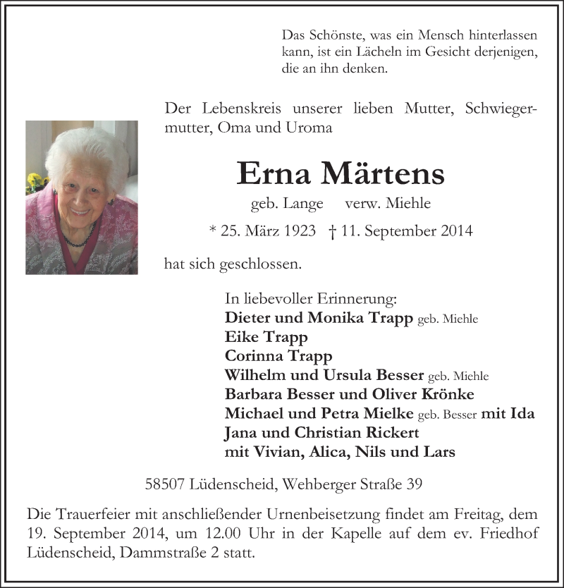  Traueranzeige für Erna Märtens vom 15.09.2014 aus MZV