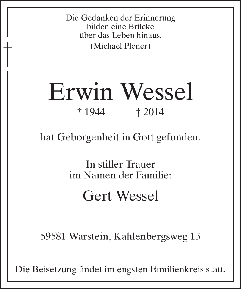  Traueranzeige für Erwin Wessel vom 16.09.2014 aus MZV