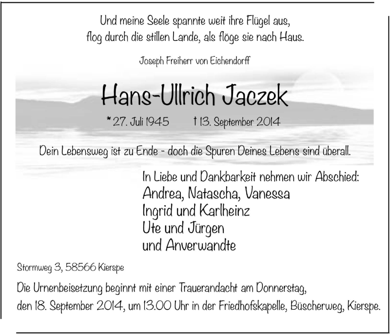  Traueranzeige für Hans-Ullrich Jaczek vom 16.09.2014 aus MZV