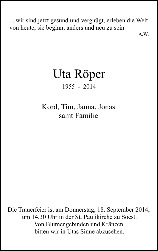  Traueranzeige für Uta Röper vom 16.09.2014 aus MZV