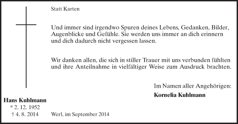  Traueranzeige für Hans Kuhlmann vom 20.09.2014 aus MZV