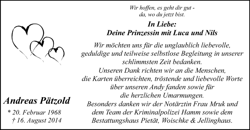  Traueranzeige für Andreas Pätzold vom 20.09.2014 aus MZV