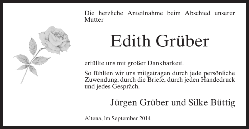  Traueranzeige für Edith Grüber vom 24.09.2014 aus MZV