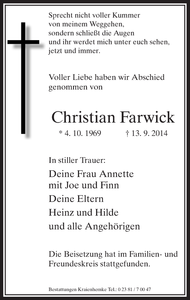  Traueranzeige für Christian Farwick vom 27.09.2014 aus MZV