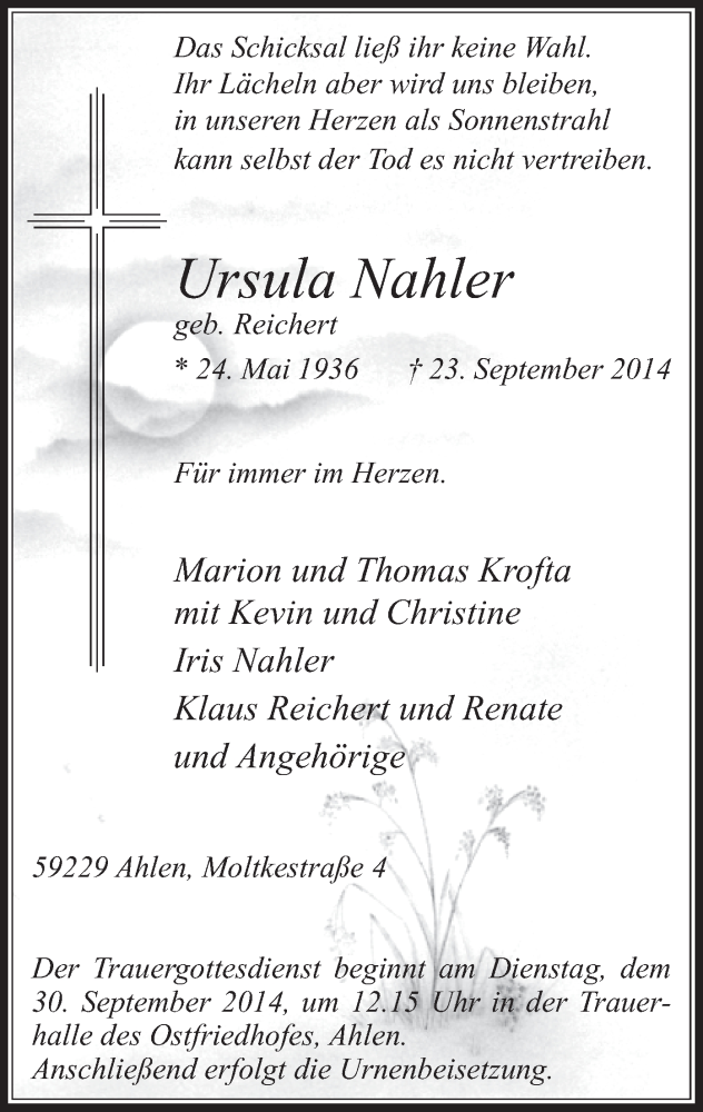  Traueranzeige für Ursula Nahler vom 27.09.2014 aus MZV