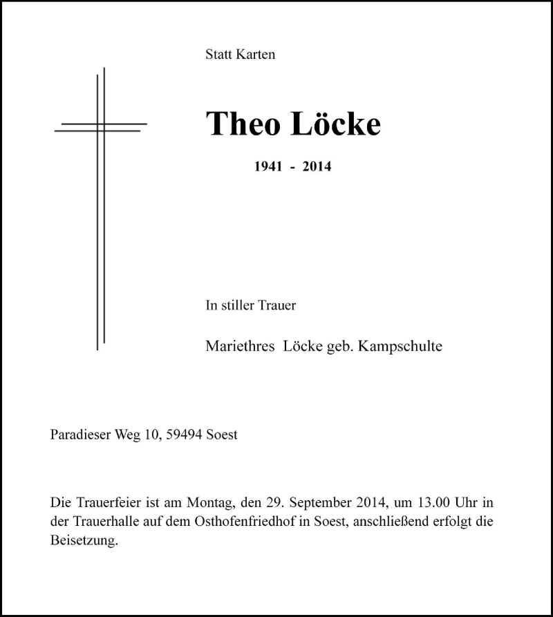  Traueranzeige für Theo Löcke vom 27.09.2014 aus MZV