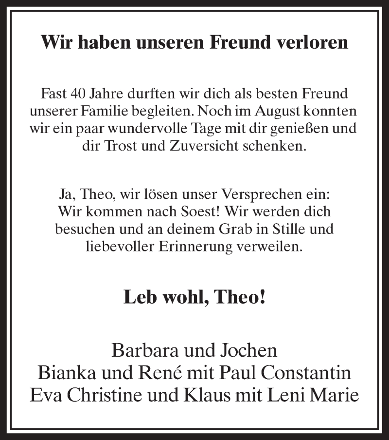  Traueranzeige für Theo  vom 30.09.2014 aus MZV