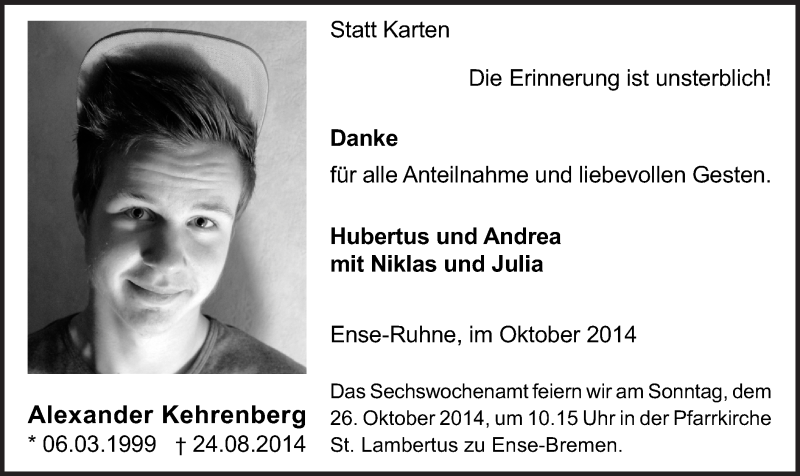  Traueranzeige für Alexander Kehrenberg vom 21.10.2014 aus MZV