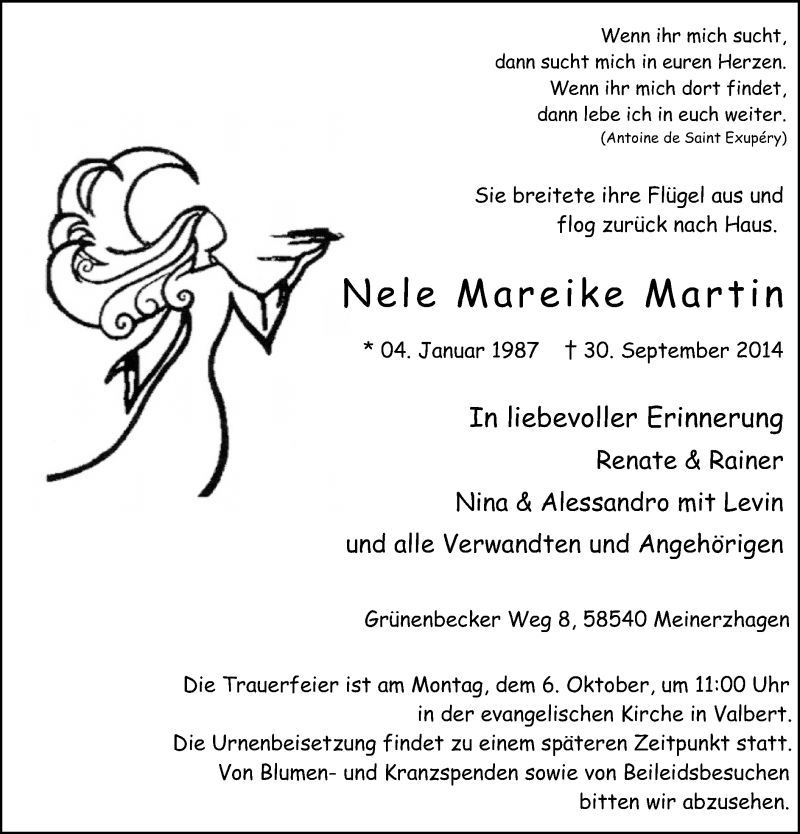  Traueranzeige für Nele Mareike Martin vom 04.10.2014 aus MZV